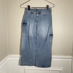 Juicy Couture Denim Skirt Pocket Midi Pencil Blue Slit Zip Front Sz 25 Waist